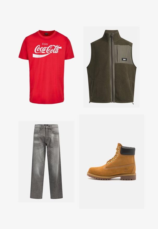 Chaleco de forro polar en verde oliva oscuro con cuello alto, cierre de cremallera y bolsillo en el pecho izquierdo. Presenta tejido texturizado y bolsillos laterales.; Camiseta de algodón roja con mangas cortas que presenta un logo blanco de "Coca-Cola" y un diseño ondulado en el pecho. Estilo clásico de cuello redondo.; Vaqueros de mezclilla gris con un corte holgado, que presentan detalles de desgaste y decoloración, un clásico diseño de cinco bolsillos y un cierre de botón.; Botín de ante marrón claro con collar acolchado negro, ojales de metal dorado, detalles de costura blanca y suela de goma resistente con tacos pronunciados.
