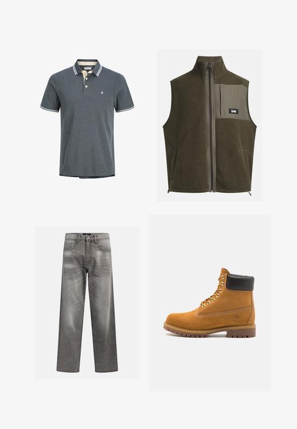 Tamsiai alyvuogių žalia vilnonė liemenė su aukštu apykakle, užtrauktuku ir kairiuoju krūtinės kišeniu. Yra tekstūruota medžiaga ir šoninės kišenės.; Vyrų polo marškiniai tamsiai pilkos spalvos su tekstūruota audinio struktūra. Apvalus apykaklė kremine spalva su mėlynomis juostelėmis ir trijų mygtukų užsegimu. Mažas logotipas ant krūtinės.; Pilkos džinsinės kelnės su laisvu siluetu, turinčios plaukų ir išblukimo detalių, klasikinis penkių kišenių dizainas ir mygtukų uždarymas.; Tan spalvą turintys suknelės batus iki kulkšnies su juodu paminkštintu apvadu, auksiniais metaliniais akių užsegimais, baltais siūlų dekoratyviniais elementais ir tvirtu guminiu padu su ryškiai išreikštais raštais.