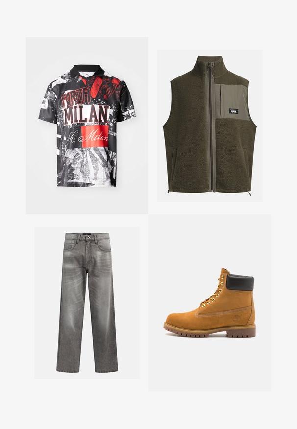 Fleece vest in donkergroen olijf met een hoge kraag, ritssluiting en een borstzak aan de linkerkant. Beschikt over een textuurstof en zijzakken.; Korte mouwen polo shirt gemaakt van lichte stof, met een zwarte basis en rode en witte grafische prints, tekst en verschillende texturen.; Grijze denims met een losse pasvorm, voorzien van whiskering en vervagingdetails, een klassieke vijf-pocketontwerp en een knoopsluiting.; Tan suède enkelboot met zwart gevoerd kraagje, gouden metalen oogjes, witte stikdetails en een robuuste rubberen zool met uitgesproken profiel.