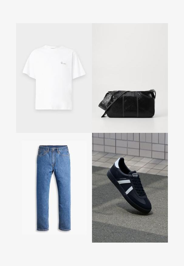 Fleece vest v tmavo olivovej farbe s vysokým golierom, zipsom a vreckom na ľavej strane hrude. Obsahuje textúrovanú tkaninu a bočné vrecká.; Biela bavlnená tričko s uvoľneným strihom, okrúhlym výstrihom, krátkymi rukávmi a malým logom "La Bellavista" vyšitým na hrudi.; Modré denimové džiny so straight strihom, obsahujúce päť vreciek, zapínanie na gombík a oranžové švy na čistom bielom pozadí.; Čierne kožené tenisky s bielymi pruhmi, textúrovanou gumovou podrážkou a šnurovaním vpredu. Obsahujú označenie značky na jazyku.; Čierna kožená kabelka cez plece so zipsovým uzáverom, so štruktúrovaným telom, bielym prešívaním a popruhom so striebornými očkami.