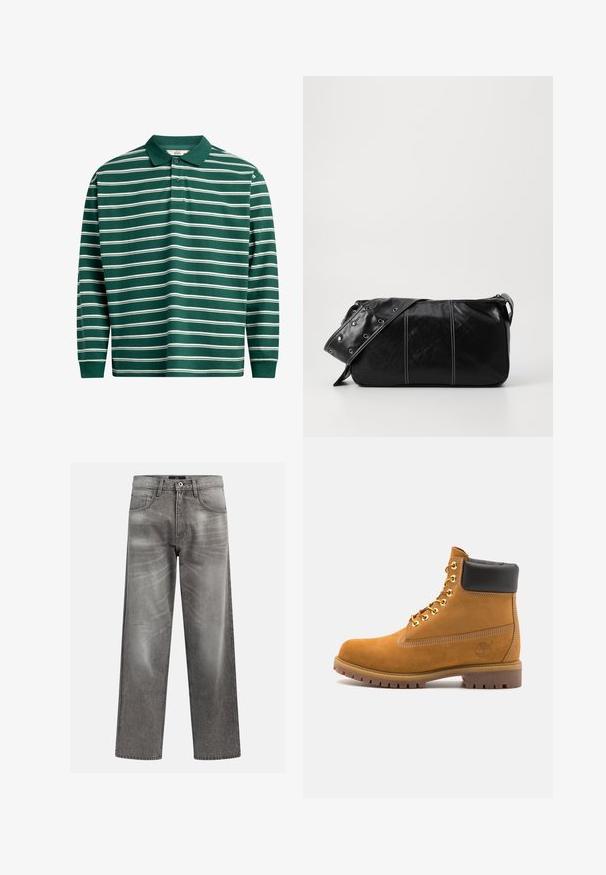 Gilet in pile di colore verde oliva scuro con colletto alto, chiusura a zip e tasca sul petto a sinistra. Caratterizzato da un tessuto testurizzato e tasche laterali.; Polo a maniche lunghe di colore verde scuro con righe orizzontali bianche. Presenta un colletto classico, una chiusura a tre bottoni e polsini a costine.; Jeans in denim grigio a vestibilità ampia, con dettagli di whiskering e scoloritura, design classico a cinque tasche e chiusura con bottone.; Stivale alla caviglia in suede tan con collare imbottito nero, occhielli in metallo dorato, dettagli in cucitura bianca e suola in gomma robusta con battistrada pronunciato.; Borsa a spalla in pelle nera con chiusura a zip, caratterizzata da un corpo testurizzato, cuciture bianche e una tracolla con occhielli in argento.