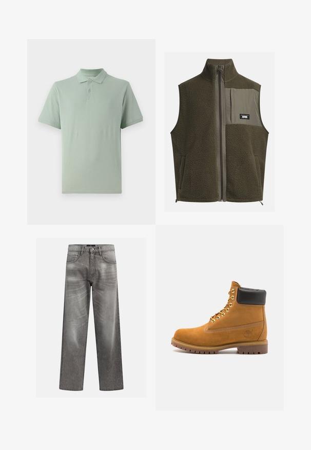 Chaleco de forro polar en verde oliva oscuro con cuello alto, cierre de cremallera y bolsillo en el pecho izquierdo. Presenta tejido texturizado y bolsillos laterales.; Polo de color verde claro hecho de algodón, con un cuello clásico, tapeta de dos botones y mangas cortas con un discreto detalle de logo.; Vaqueros de mezclilla gris con un corte holgado, que presentan detalles de desgaste y decoloración, un clásico diseño de cinco bolsillos y un cierre de botón.; Botín de ante marrón claro con collar acolchado negro, ojales de metal dorado, detalles de costura blanca y suela de goma resistente con tacos pronunciados.
