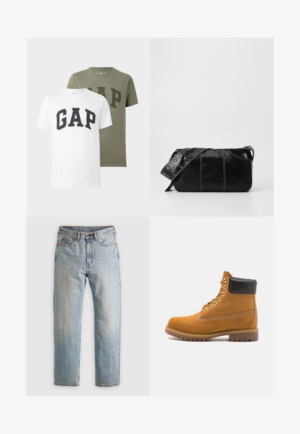 Fleece vest v tmavo olivovej farbe s vysokým golierom, zipsom a vreckom na ľavej strane hrude. Obsahuje textúrovanú tkaninu a bočné vrecká.; Dve tričká s krátkymi rukávmi a okrúhlym výstrihom, jedno biele a jedno olivovozelené, každé s nápisom "GAP" vytlačeným veľkými písmenami na hrudi.; Svetlomodré džínsy s vysokým pásom, predným gombíkom, zipsom a dizajnom s piatimi vreckami, rozložené na neutrálnom pozadí.; Tyrkysové semišové členkové topánky s čiernym polstrovaným golierom, zlatými kovovými očkami, bielym prešívaním a robustnou gumovou podrážkou s výraznými drážkami.; Čierna kožená kabelka cez plece so zipsovým uzáverom, so štruktúrovaným telom, bielym prešívaním a popruhom so striebornými očkami.