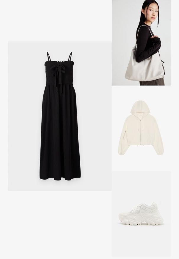 Krátka biela mikina vyrobená z mäkkej látky, s predným zipsom, šnúrkou a zipsovým vreckom na rukáve. Dlhé, objemné rukávy.; Čierne maxi šaty so smockovaným dekoltom, nastaviteľnými ramienkami a viazaním vpredu. Vyrobené z štruktúrovanej tkaniny.; Biele robustné tenisky s textúrovaným zvrškom, sieťovinovými panelmi a hrubými gumovými podrážkami s výrazným vzorom. Šnúrky a pútko na vytiahnutie sú súčasťou.; Béžová kabelka vyrobená z mäkkého materiálu, s uvoľneným dizajnom, prišitými detailmi a dvoma popruhmi na nosenie na pleciach. Vhodná na každodenné nosenie.