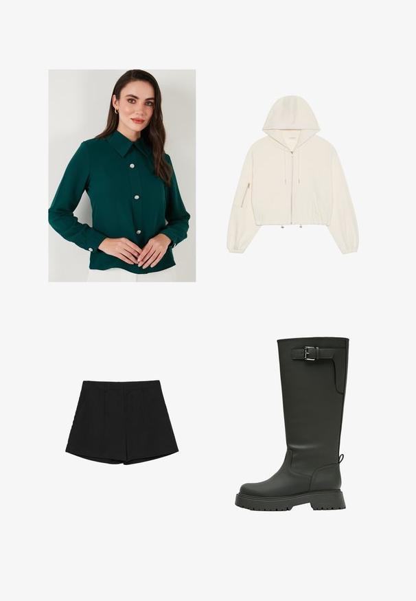 Krótkie białe hoodie wykonane z miękkiego materiału, z przodu zapinane na zamek błyskawiczny, z regulowanym sznurkiem oraz kieszenią zapinaną na zamek na rękawie. Długie, obszerne rękawy.; Ciemnozielona bluzka z kołnierzykiem, długimi rękawami i dekoracyjnymi guzikami z kamieni wzdłuż przodu. Gładka tkanina o lekko błyszczącym wykończeniu.; Czarne szorty o kroju dopasowanym, z prostym przodem, dwiema bocznymi kieszeniami i prostym wykończeniem. Gładki materiał o czystym wykończeniu.; Zielone gumowe kalosze do kolan o matowym wykończeniu, z paskiem z srebrną klamrą i solidną, teksturowaną podeszwą.