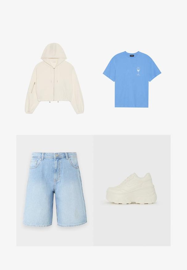 Izgriezta balta kapuce, kas izgatavota no mīksta auduma, ar priekšējo rāvējslēdzēju, auklu un rāvējamu kabatu uz piedurknes. Garas, apjomīgas piedurknes.; Gaiši zila kokvilnas T-kreklu ar apaļu apkakli. Kreklam ir balta grafika ar palmu un tekstu kreisajā krūtīs. Īsas piedurknes.; Gai zili denima šorti ar taisnu kāju griezumu, piecām kabatām un augšējo pogu aizdari. Izbalināta mazgāšana ar redzamām šuvju detaļām.; Baltie platformas sporta apavi, kas izgatavoti no gludas mākslīgās ādas, ar noapaļotu formu, mīkstu apkakli un teksturētu gumijas zoli ar izteiktiem rakstiem.