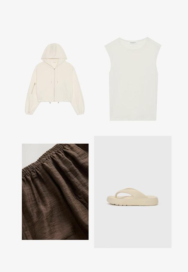 Felpa bianca cropped realizzata in tessuto morbido, con zip frontale, coulisse e tasca con zip sulla manica. Maniche lunghe e voluminose.; Top bianco senza maniche con scollatura rotonda. Realizzato in tessuto liscio, presenta una vestibilità rilassata e un design minimalista. Nessun motivo o accentuazione.; Tinta marrone con elastico in vita e tessuto testurizzato, caratterizzato da morbide pieghe stropicciate e una tonalità terrosa ricca. Adatto per l'abbigliamento casual.; Infradito beige in gomma, con un unico sostegno per le dita e una suola spessa con motivo antiscivolo. Contrassegnato con il logo Fila.