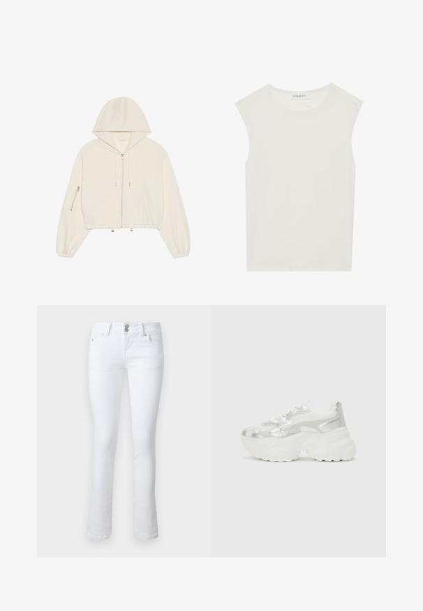 Rövidített fehér kapucnis pulóver, puha anyagból készült, elöl cipzárral, zsinórral és cipzáras zsebbel az ujjon. Hosszú, dús ujjak.; Fehér ujjatlan felső, kerek nyakkivágással. Simább anyagból készült, laza fazonnal és minimalista kialakítással rendelkezik. Nincsenek minták vagy díszítések.; Fehér farmernadrág, slim fit szabással, két elülső zsebbel, gombos és cipzáras záródással, valamint enyhe harang aljúval.; Ezüst színű sportcipő, texturált hálós felsőrésszel és irizáló díszítésekkel, tömbös fehér talppal és fűzős záródással.