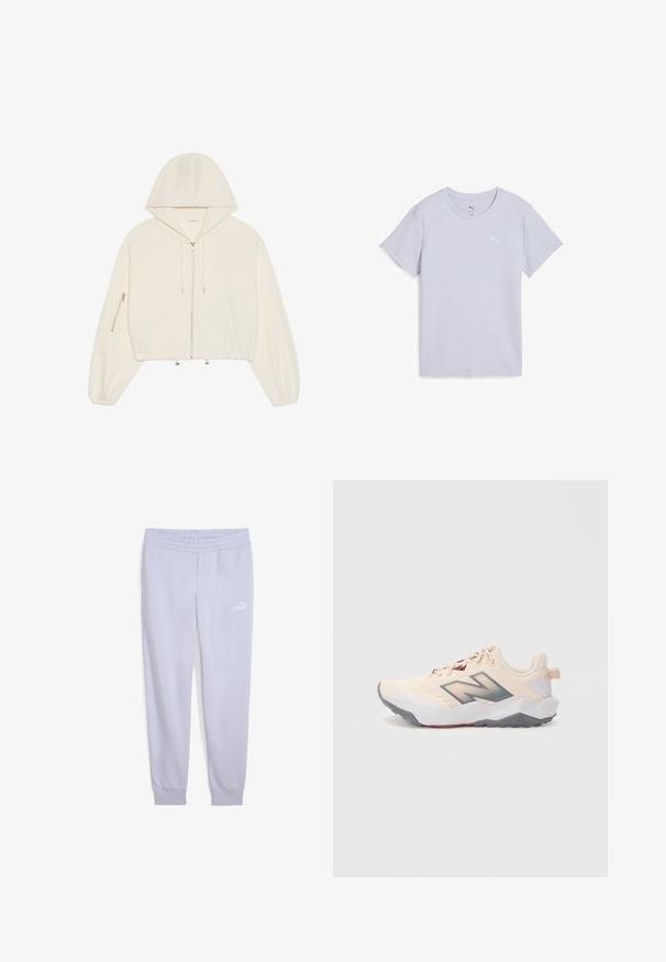 Skraćeni bijeli dukserica s kapuljačom, izrađena od mekanog materijala, s prednjim zatvaračem, špagom i džepom na rukavu s patentnim zatvaračem. Dugi, bujni rukavi.; Svjetloplava majica kratkih rukava s okruglim izrezom, izrađena od teksturiranog materijala, sa bijelim logotipom na gornjoj lijevoj strani.; Svijetloplave trenirke od mekog materijala, s elastičnom tračkom u struku i rebrastim rubovima, s bijelim Puma logotipom na prednjoj strani.; Svijetlosmeđi atletski tenisice sivoj potplatu, tamnosiva "N" oznaka i maroon akcenti, prikazana s lijeve strane na bijeloj pozadini.