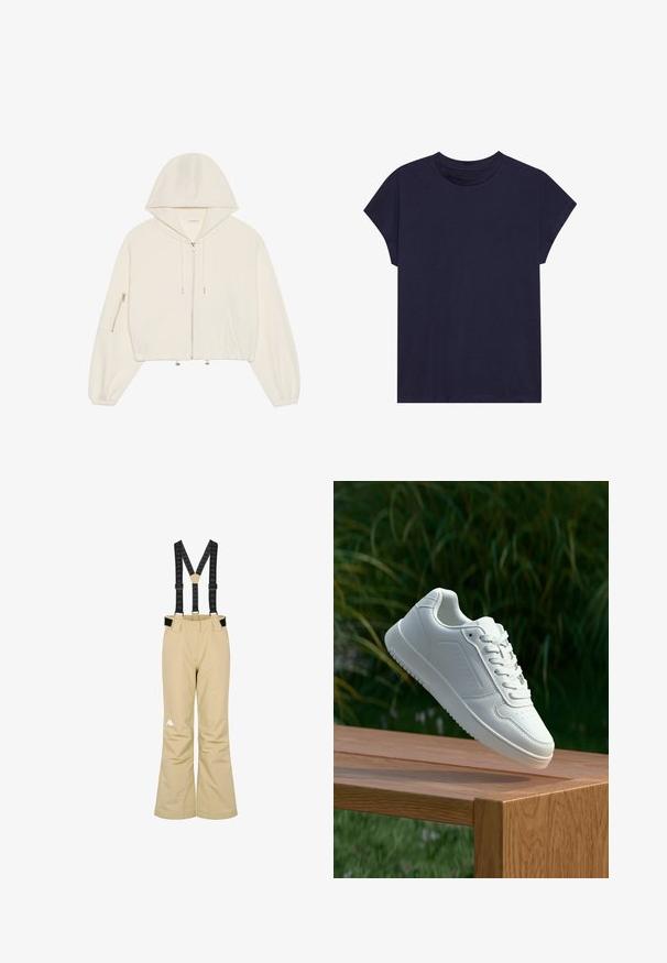 Rövidített fehér kapucnis pulóver, puha anyagból készült, elöl cipzárral, zsinórral és cipzáras zsebbel az ujjon. Hosszú, dús ujjak.; Sötétkék pamut póló kerek nyakkal és rövid ujjakkal, laza szabású és sima tapintású. Nincsenek minták vagy díszítések.; Beige sínadrág fekete állítható vállpántokkal és fehér logóval a bal alsó lábszáron, téli sportokhoz tervezve.; Fehér sportcipő sima szintetikus felsőrésszel, perforált lábujjrész, lapos fűzőkkel és texturált talppal, fából készült felületen kihelyezve.