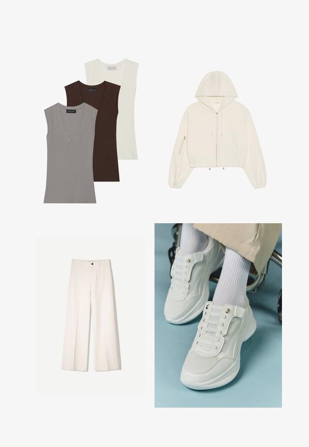 Cropped white hoodie made of soft fabric, featuring a front zipper, drawstring, and a zippered pocket on the sleeve. Long, voluminous sleeves.; Anna Field 3 PACK - Top - gray/coconut milk/coffee bean; Cream wide-leg trousers with a tailored design, featuring two front pockets and a single front button closure, made from smooth fabric.; White sneakers featuring a mesh material, rubber sole, lace-free design with elastic bands, and gold-toned accents.