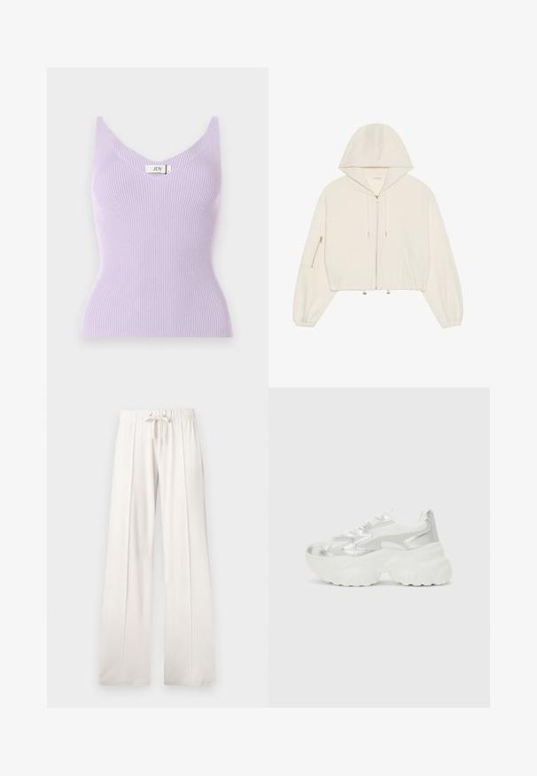 Cropped white hoodie made of soft fabric, featuring a front zipper, drawstring, and a zippered pocket on the sleeve. Long, voluminous sleeves.; Lilac ribbed sleeveless top with a V-neckline and a fitted design. Material appears soft with vertical texture details. Brand label visible.; Light beige sweatpants made of soft fabric, featuring a drawstring waist, wide legs, and vertical seams, with a smooth texture.; Silver sneaker with a textured mesh upper and iridescent accents, featuring a chunky white sole and lace-up closure.
