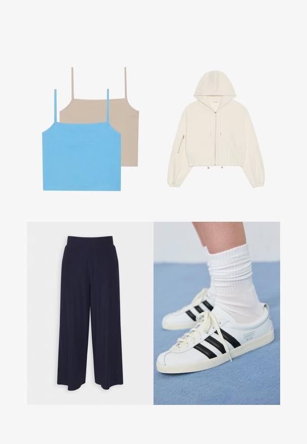 Zkrácená bílá mikina z měkké tkaniny, se předním zipem, šňůrkou a kapsou na zip na rukávu. Dlouhé, objemné rukávy.; Even&Odd 2 PACK - Top - azure blue/simply taupe; Široké kalhoty z tmavě námořnické tkaniny s žebrovanou strukturou. Obsahují hladký pas a splývavý siluetu, dosahující délky po polovinu lýtek.; Bílé kožené tenisky s černými pruhy, krémovou podešví a světlými tkaničkami. Nosené s bílými žebrovanými ponožkami, umístěné na modrém pozadí.