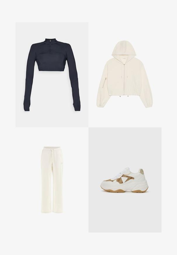 Supintas baltas džemperis iš minkštos medžiagos, su priekiniais užtrauktukais, raišteliu ir užtrauktuku užtrauktuku ant rankovės. Ilgos, apimtos rankovės.; Tamsiai mėlynos ilgos rankovės trumpas viršus su imitaciniu kaklu ir ketvirtinių užtrauktuku, su tekstūruotais pečių intarpais ir prigludusia siluetu.; Kreminės sportinės kelnės su raišteliu juosmens, plačiomis kojomis ir šoniniais akcentais. Turi subtilų prekės ženklą ir minkštą tekstūrą.; Baltas sportinis batelis su tekstūruotu rusvu dėklu, apvaliu nosiu, storu padu ir baltais raišteliais. Aukso akcentas ant kulno prideda kontrasto dizainui.