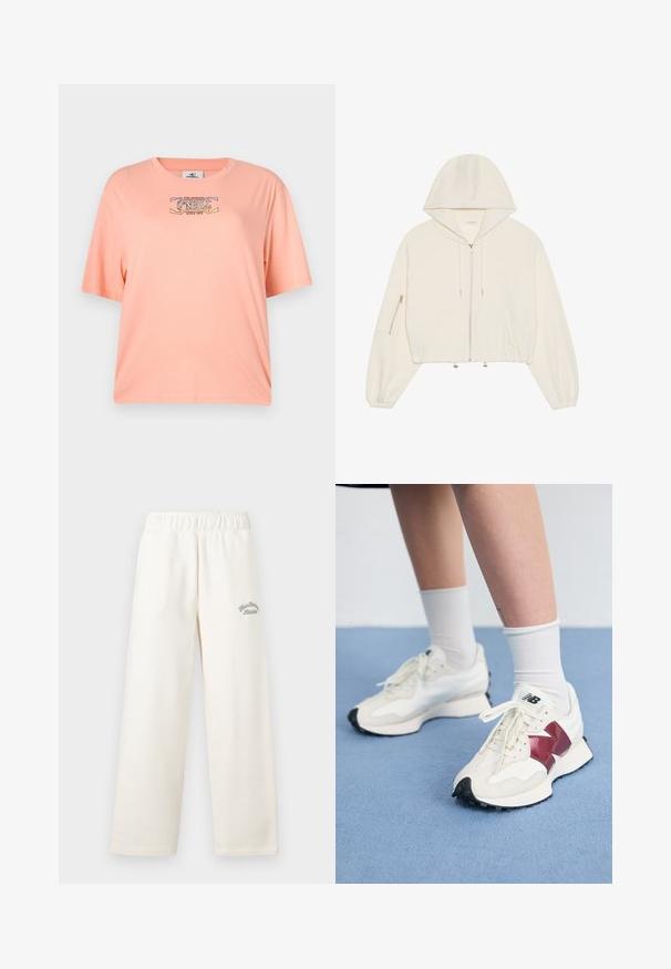 Izgriezta balta kapuce, kas izgatavota no mīksta auduma, ar priekšējo rāvējslēdzēju, auklu un rāvējamu kabatu uz piedurknes. Garas, apjomīgas piedurknes.; Persiku krāsas, īsām piedurknēm T-krekls, izgatavots no mīksta auduma. Uz priekša ir grafiska druka ar "O'Neill" logo. Brīvs piegriezums.; Kremkrāsas plaši bikses, izgatavotas no mīksta materiāla ar elastīgu jostu. Priekšpusē ir smalks zaļš izšuvums.; Balti sporta apavi ar tumši sarkaniem akcentiem, teksturētām detaļām, plakanu melnu zoli un gaišajām šņorēm, valkāti ar baltām potīšu zeķēm.