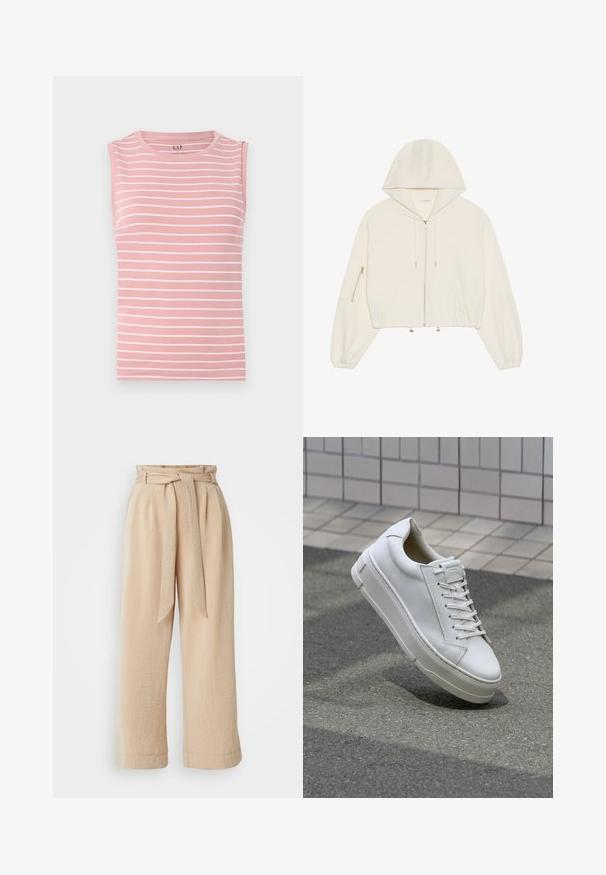 Skraćeni bijeli dukserica s kapuljačom, izrađena od mekanog materijala, s prednjim zatvaračem, špagom i džepom na rukavu s patentnim zatvaračem. Dugi, bujni rukavi.; Bezrukava ružičasta majica s horizontalnim bijelim prugama, okruglim izrezom i mekim pamučnim materijalom. Jednostavan dizajn, bez dodatnih detalja.; Bež hlače širokih nogavica s remenom u struku, izrađene od teksturirane tkanine. Imaju prednji plis i glatki završetak uz rub.; Bijeli kožni tenisice s niskim dizajnom, ravnim vezicama, zaobljenim vrhom i teksturiranim stranama. Debeli gumeni potplat s suptilnim naglascima.