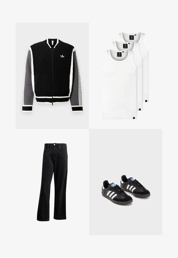 Svart strikket genser med glidelås, teksturerte mønstre, hvite detaljer og grå ermer. Har en liten logo på brystet og ribbestrikkede mansjetter.; Tre hvite ribbestrikkede tank topper laget av bomull. Har en rund hals og små svarte etiketter nær kanten. Tilgjengelig i flere størrelser.; Svarte denimjeans med rette ben, med frontlommer, knappestenge og lett tekstur. Inkluderer en subtil logo-detalj.; Svarte sneakers med overdel i semsket lær og syntetisk materiale, med tre hvite striper, strukturert gummisåle og blå logoetikett på tungen.