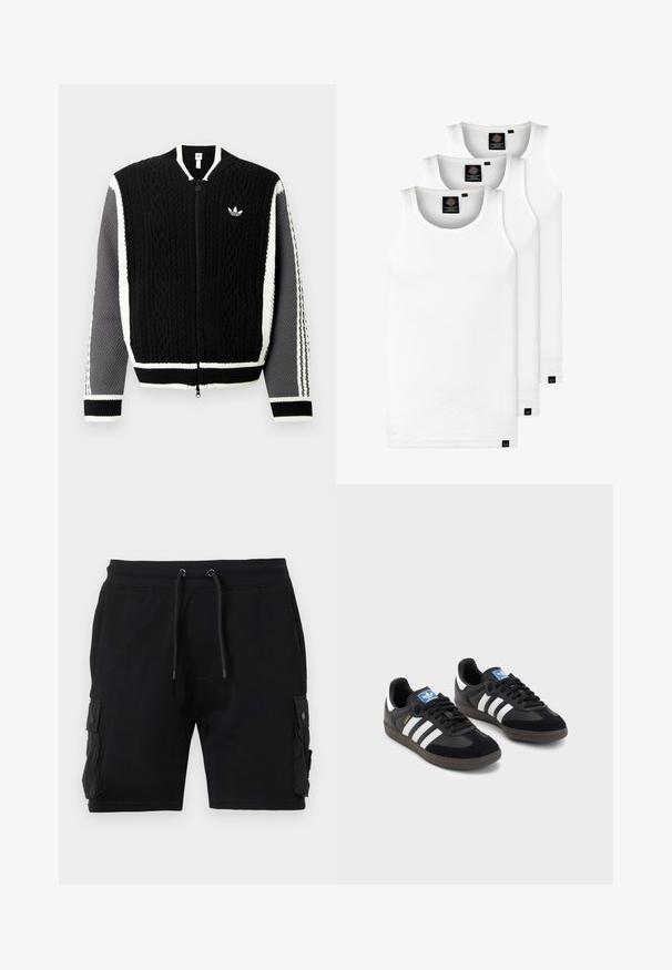Pull noir en tricot avec fermeture éclair, motifs texturés, accents blancs et manches grises. Comprend un petit logo sur la poitrine et des poignets côtelés.; Trois débardeurs blancs côtelés en coton. Présentent un col rond et de petites étiquettes noires près de l'ourlet. Disponibles en plusieurs tailles.; Shorts cargo noirs en mélange de coton, dotés de deux poches latérales, d'une taille ajustable avec cordon de serrage et d'une texture lisse.; Des baskets noires avec une tige en suède et en matériaux synthétiques, dotées de trois rayures blanches, d'une semelle en caoutchouc texturé et d'une étiquette de logo bleue sur la languette.