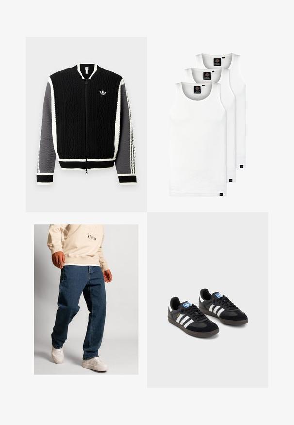 Crni pleteni džemper na patentni zatvarač s teksturiranim uzorcima, bijelim detaljima i sivim rukavima. Ima mali logotip na prsima i rebraste manžete.; Tri bijele rebraste majice bez rukava od pamuka. Imaju okrugli izrez i male crne oznake blizu rubova. Dostupne su u više veličina.; Plave traperice s labavim krojem, sa standardnim zatvaračem i kontrastnim šavovima, uparene s kremasto-bijelim tenisicama i svijetlosmeškim duksericom.; Crne tenisice s gornjim dijelom od antilopa i sintetičkog materijala, s tri bijele pruge, teksturiranom gumenom potplatom i plavom oznakom na jeziku.