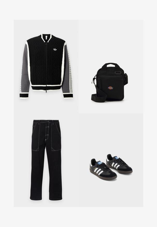Svart strikket genser med glidelås, teksturerte mønstre, hvite detaljer og grå ermer. Har en liten logo på brystet og ribbestrikkede mansjetter.; Tre hvite ribbestrikkede tank topper laget av bomull. Har en rund hals og små svarte etiketter nær kanten. Tilgjengelig i flere størrelser.; Svarte bukser laget av slitesterkt stoff. Har kontrasterende hvite stikninger, flere lommer og et rett ben-design.; Svarte sneakers med overdel i semsket lær og syntetisk materiale, med tre hvite striper, strukturert gummisåle og blå logoetikett på tungen.; Svart crossover-veske med en glidelåslomme, rektangulær form, laget av stoff, med et logo-påbud på forsiden, justerbar skulderrem.; Fem sølvringer: en med et svart sirkulært detalj, en med et hvitt og svart geometrisk mønster, og de andre med forskjellige former og overflater.