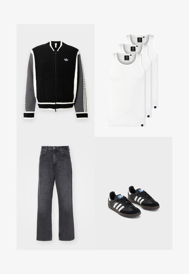 Schwarzer, gestrickter Reißverschluss-Pullover mit strukturierten Mustern, weißen Akzenten und grauen Ärmeln. Mit kleinem Logo auf der Brust und gerippten Bündchen.; Drei weiße, gerippte Tanktops aus Baumwolle. Merkmale einen Rundhalsausschnitt und kleine schwarze Etiketten am Saum. In mehreren Größen erhältlich.; Hochtaillierte schwarze Jeans aus Denim mit geradem, weiter Bein. Verfügt über fünf Taschen, einen Knopf- und Reißverschluss sowie dezente Ausbleichungen im Stoff.; Schwarze Sneaker mit einem Obermaterial aus Wildleder und Synthetik, ausgestattet mit drei weißen Streifen, einer strukturierten Gummi-Sohle und einem blauen Logo-Tag auf der Zunge.