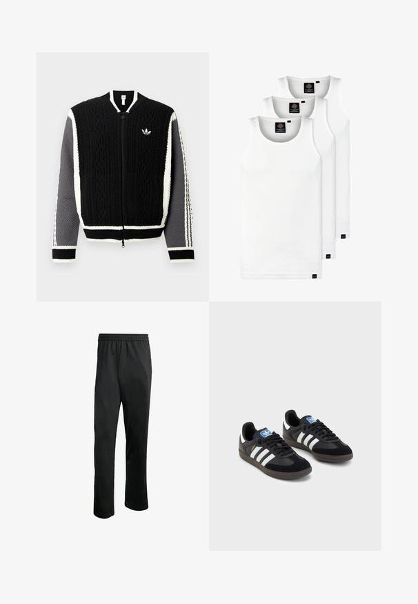 Juodas megztinis su užtrauktuku, pagamintas iš mezgimo su tekstūruotais raštais, baltais akcentais ir pilkomis rankovėmis. Ant krūtinės yra mažas logotipas, o rankogaliai yra riboti.; Trys balti, dryžuoti marškiniai be rankovių, pagaminti iš medvilnės. Yra apvalus kaklas ir maži juodi etiketės netoli siūlės. Siūlomi įvairių dydžių.; Juodos sportinės kelnės su patogia elastinga juosta, dviem šoninėm kišenėm ir glotnia, lengva medžiaga. Yra subtilus logotipo detalė.; Juodi sportiniai bateliai su zomšos ir sintetine viršutine dalimi, turintys tris baltas juosteles, tekstūruotą gumos pado paviršių ir mėlyną logotipo etiketę ant liežuvėlio.