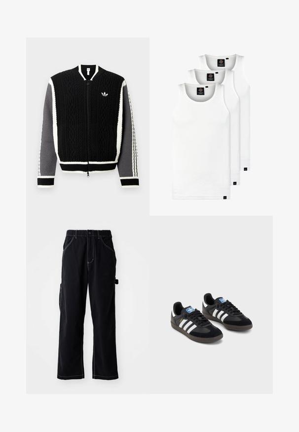 Schwarzer, gestrickter Reißverschluss-Pullover mit strukturierten Mustern, weißen Akzenten und grauen Ärmeln. Mit kleinem Logo auf der Brust und gerippten Bündchen.; Drei weiße, gerippte Tanktops aus Baumwolle. Merkmale einen Rundhalsausschnitt und kleine schwarze Etiketten am Saum. In mehreren Größen erhältlich.; Schwarze Cargo-Hosen mit einer lockeren Passform, featuring einem Kordelzugbund, seitlichen Taschen und kontrastierenden weißen Nähten.; Schwarze Sneaker mit einem Obermaterial aus Wildleder und Synthetik, ausgestattet mit drei weißen Streifen, einer strukturierten Gummi-Sohle und einem blauen Logo-Tag auf der Zunge.
