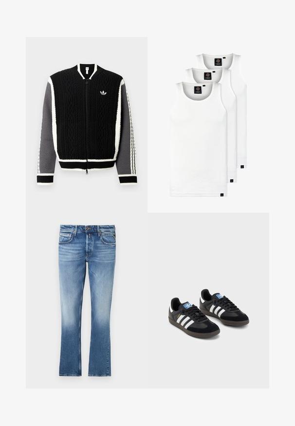 Black knitted zip-up sweater with textured patterns, white accents, and gray sleeves. Features a small logo on the chest and ribbed cuffs.; Three white ribbed tank tops made of cotton. Features a crew neck and small black labels near the hem. Available in multiple sizes.; Light blue denim jeans with a faded finish, straight leg design, five pockets, and a single button closure at the waistband.; Black sneakers with a suede and synthetic upper, featuring three white stripes, textured rubber sole, and blue logo tag on the tongue.