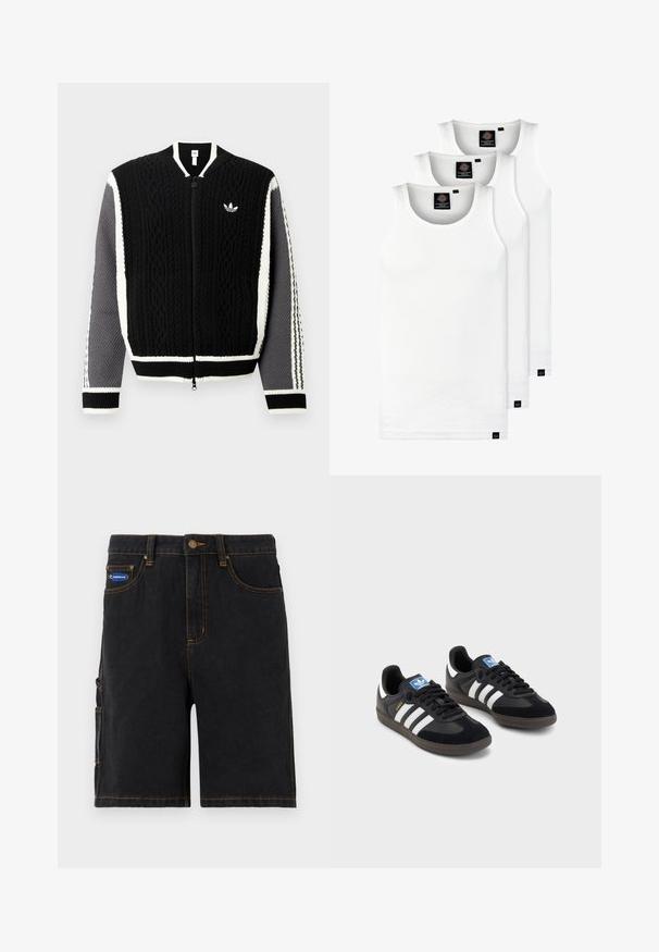 Black knitted zip-up sweater with textured patterns, white accents, and gray sleeves. Features a small logo on the chest and ribbed cuffs.; Three white ribbed tank tops made of cotton. Features a crew neck and small black labels near the hem. Available in multiple sizes.; Black denim shorts with front pockets, a side cargo pocket, and orange stitching. Features a metal button closure and a branded patch.; Black sneakers with a suede and synthetic upper, featuring three white stripes, textured rubber sole, and blue logo tag on the tongue.