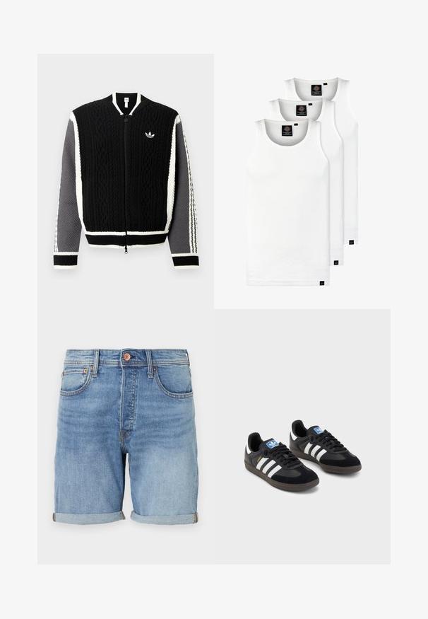 Crni pleteni džemper na patentni zatvarač s teksturiranim uzorcima, bijelim detaljima i sivim rukavima. Ima mali logotip na prsima i rebraste manžete.; Tri bijele rebraste majice bez rukava od pamuka. Imaju okrugli izrez i male crne oznake blizu rubova. Dostupne su u više veličina.; Svijetloplavi traper šorts klasičnog kroja, s uvrnutim rubovima, prednjim džepovima i detaljima od bakra. Mekana tekstura i ležeran dizajn.; Crne tenisice s gornjim dijelom od antilopa i sintetičkog materijala, s tri bijele pruge, teksturiranom gumenom potplatom i plavom oznakom na jeziku.