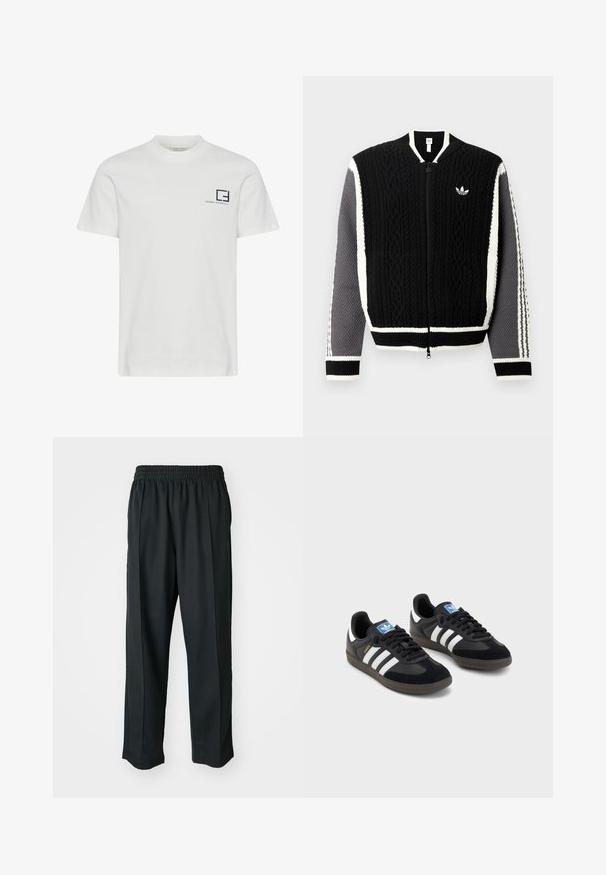 Black knitted zip-up sweater with textured patterns, white accents, and gray sleeves. Features a small logo on the chest and ribbed cuffs.; White cotton T-shirt with a crew neck and short sleeves. Features a navy graphic logo and text on the left chest area.; Black athletic pants with an elastic waistband, made of smooth fabric, featuring subtle side stitching and a relaxed fit, straight leg design.; Black sneakers with a suede and synthetic upper, featuring three white stripes, textured rubber sole, and blue logo tag on the tongue.