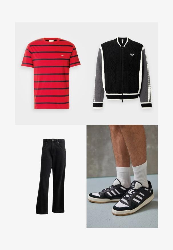 Pull noir en tricot avec fermeture éclair, motifs texturés, accents blancs et manches grises. Comprend un petit logo sur la poitrine et des poignets côtelés.; T-shirt en coton rouge avec des rayures horizontales bleu marine, un col rond et un petit logo brodé sur la poitrine. Design à coupe classique.; Jeans en denim noir avec une coupe droite, dotés de poches avant, d'une fermeture à bouton et d'une légère texture. Comprend un détail de logo subtil.; Baskets noir et blanc avec une tige en suède et cuir, comportant trois rayures blanches, un bout perforé et une semelle en caoutchouc gum.