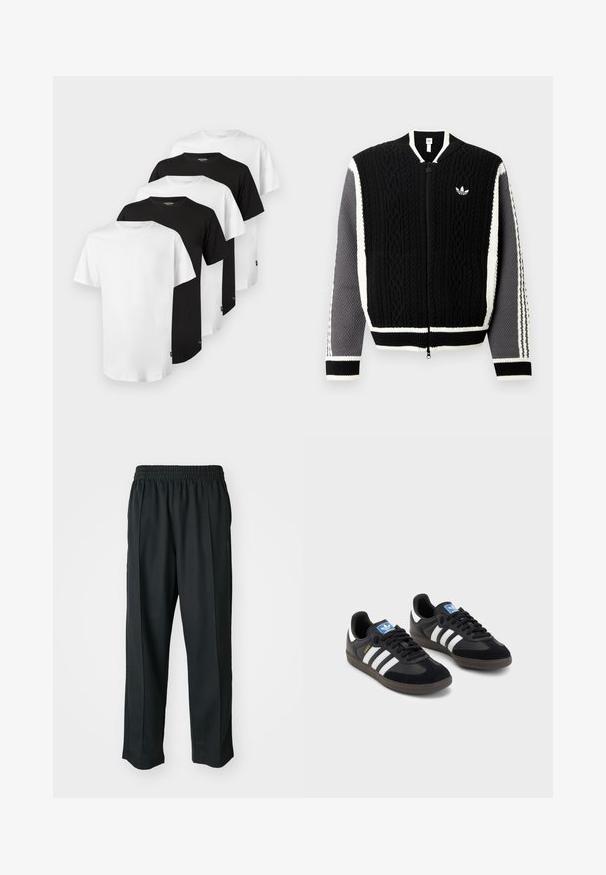 Black knitted zip-up sweater with textured patterns, white accents, and gray sleeves. Features a small logo on the chest and ribbed cuffs.; Set of five T-shirts: three white and two black. Classic crew-neck design, short sleeves, cotton fabric, smooth texture, standard fit.; Black athletic pants with an elastic waistband, made of smooth fabric, featuring subtle side stitching and a relaxed fit, straight leg design.; Black sneakers with a suede and synthetic upper, featuring three white stripes, textured rubber sole, and blue logo tag on the tongue.