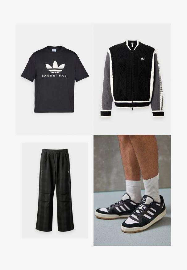 Juodas megztinis su užtrauktuku, pagamintas iš mezgimo su tekstūruotais raštais, baltais akcentais ir pilkomis rankovėmis. Ant krūtinės yra mažas logotipas, o rankogaliai yra riboti.; adidas Originals TEE - Marškinėliai su spaudiniu - black; Juodos languotos kelnės su elastingu juosmeniu, dviem priekinėmis kišenėmis ir laisvu tiesiu kirpimu. Pagamintos iš lengvos medžiagos.; Juodos ir baltos sportinės bateliai su zomšiniu ir odiniu viršumi, su trimis baltomis juostelėmis, perforuota koja ir guminėmis padais.