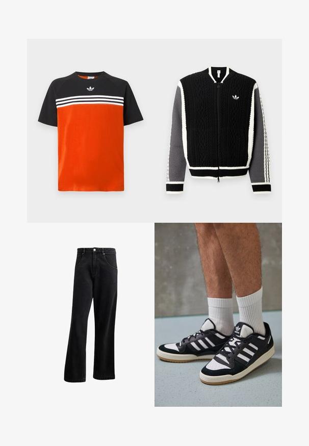 Zwarte gebreide ritsvest met gestructureerde patronen, witte accenten en grijze mouwen. Voorzien van een klein logo op de borst en geribbelde boorden.; Rood-zwart T-shirt met korte mouwen en een ronde hals, met een wit gestreept patroon over de borst en een klein logo aan de voorkant.; Zwarte denim jeans met een recht gesneden ontwerp, voorzien van voorzakken, een knoopsluiting en een lichte textuur. Inclusief een subtiele logo-detail.; Zwart-witte sneakers met een bovenwerk van suede en leer, voorzien van drie witte strepen, een geperforeerde neus en een rubberen gumzool.
