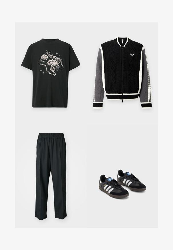 Mustast heegeldatud lukuga kampsun tekstuursete mustrite, valgete aksentide ja hallide varrukatega. Rinnal väike logo ning soonilised varrukasääred.; Musta T-särk valge graafikaga, kus on silm, käsi, mis hoiab ripatsit, abstraktseid kujundeid ja stiliseeritud tekst üleval.; Mustad mustasport püksid elastse vöökoha ja sileda kangaga, millel on tagasihoidlik külgõmblus ning lõdvestatud lõige, sirge jala disain.; Mustad tossud, mille pealseks on seemisnahk ja sünteetilised materjalid, kolme valge triibuga, tekstureeritud kummitald ja sinine logo silt keele peal.