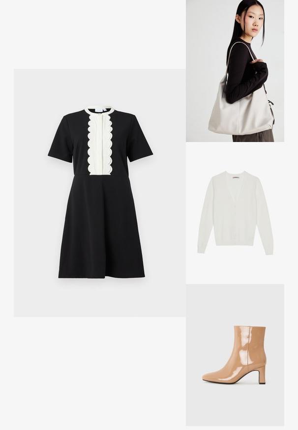 Fehér kardigán, puha anyagból készült, V nyakú kialakítással, gombos elülső résszel és hosszú ujjak ribbelt mandzsettával és aljúval.; Fekete ruha rövid ujjakkal, elöl textúrázott fehér, fodros panellel és kerek gallérral. Sima anyag, A-vonalú forma.; Meztelen színű, patent bőr bokacsizma hegyes orral, fényes felülettel és közepes magasságú tömbsarkúval. Simább textúra és elegáns sziluett.; Puha anyagból készült bézs kézitáska, laza dizájnnal, varrott részletekkel és két vállpánttal. Mindennapi használatra alkalmas.