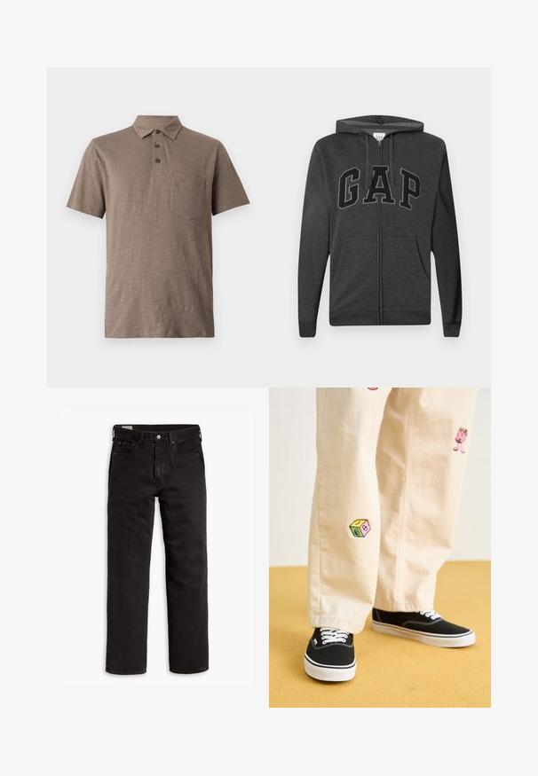 Tamsiai pilka zip-up gobtuvė su priekinėmis kišenėmis, reguliuojamu raišteliu ir didelėmis juodai apibrėžtomis "GAP" raidėmis per krūtinę.; Šviesiai rudos spalvos polo marškiniai trumpomis rankovėmis, pagaminti iš minkštos medžiagos. Turi apykaklę, tris mygtukus ir krūtinės kišenę.; Juodos tiesios kojų džinsinės kelnės su penkiomis kišenėmis, mygtuko užsegimu ir diržo kilpomis, išdėstytos plokščiai ant balto fono.; Bežinės medvilninės kelnės su žaismingais siuvinėjimais, įskaitant rožinį personažą ir spalvotą bloką, derinamos su juodais bateliais su raišteliais.