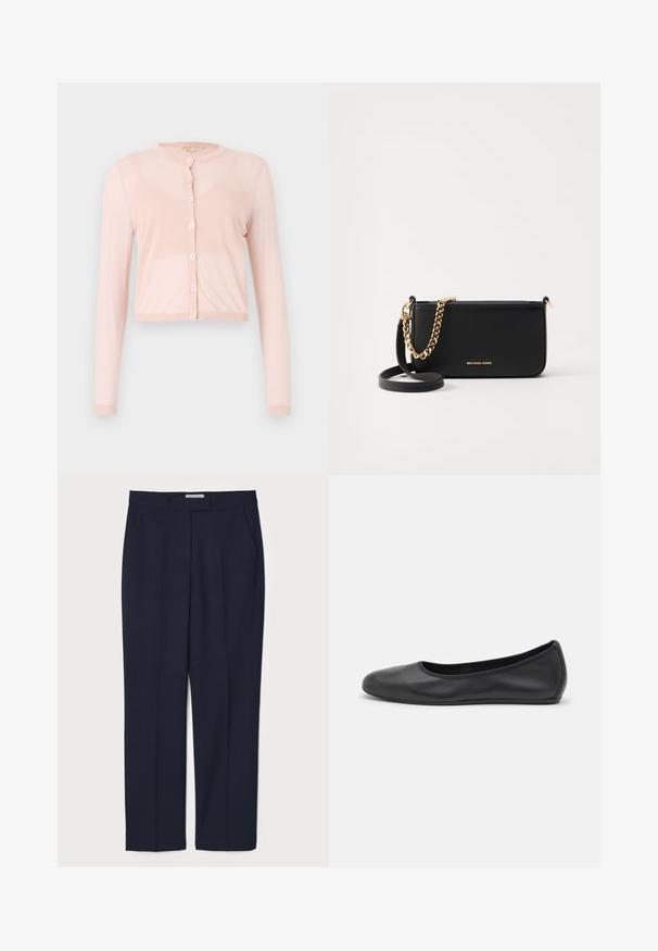 Roosa, lühike kardigan pehmest kootud kangast, pikade varrukatega ja ümmarguse kaelusega. Esiosas kuus nööpi ja ribakudumiga mansetid.; Valge õlavarteta topp, mis on valmistatud pehmest soonilisest kangast; omadused on õhukesed rihmad ja ümar kaelus, silt ütleb "FRAME."; Tumesinine kohandatud püksid, mis on valmistatud siledast kangast, tasapinnalise esiosaga, küljetaskute ja struktureeritud vöökohtadega.; Musthave mustika tantsutossud mustast nahast, ümmarguse varbaga, siledast tekstuurist, minimaalse õmblusdetailiga ja paindliku tallakujundusega.; Musta nahast lõhk, millel on kuldne kett, sile tekstuur ja kuldne logo detail. Sisaldab reguleeritavat rihma mitmekesisuse tagamiseks.