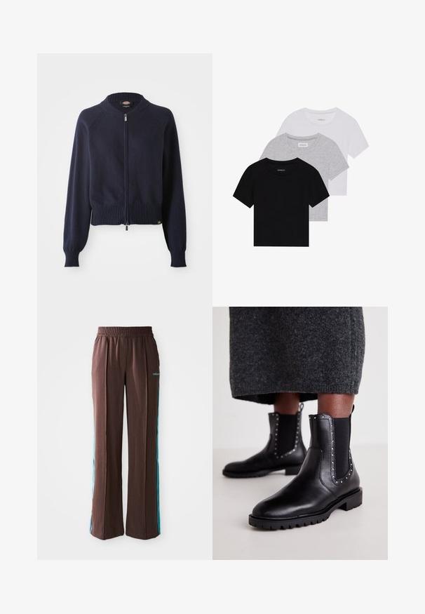 Pulover cu fermoar de culoare albastru marin, cu margine și manșete ribbate. Prezintă un guler rotund și mâneci raglan, realizate dintr-un material tricotat moale.; Set de trei tricouri cu mâneci scurte, în negru, gri și alb. Fabricate din bumbac, cu guler rotund și un design simplu, de culoare uniformă.; Pantaloni atletici maro cu textură canelată, talie elastică și dungi turcoaz pe lateral. Prezintă logo-ul adidas pe față.; Botine din piele neagră, cu panouri laterale elastice, detalii cu ținte pe margini și o talpă din cauciuc texturat pentru aderență.