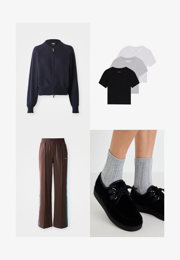 Navy blue zip-up villapaita, jossa on ribbed helma ja hihansuut. Ominaisuuksina pyöreä kaula-aukko ja raglan-hihat, valmistettu pehmeästä neulemateriaalista.; Kolm lyhythihaista t-paitaa mustana, harmaana ja valkoisena. Valmistettu puuvillasta, jossa on pyöreä kaula-auko ja yksinkertainen, tasavärinen muotoilu.; Ruskeat urheiluhousut, joissa on ribattu rakenne, joustava vyötärö ja turkoosit sivusuunnat. Edessä on adidas-logo.; Mustat samettiset kengät tasaisilla pohjilla, pyöreällä varvalla ja kaksinkertaisilla nauhoilla. Yhdistetty harmaisiin kaapelikudottuihin sukkiin. Silkkinen pinta ja yksinkertainen muotoilu.
