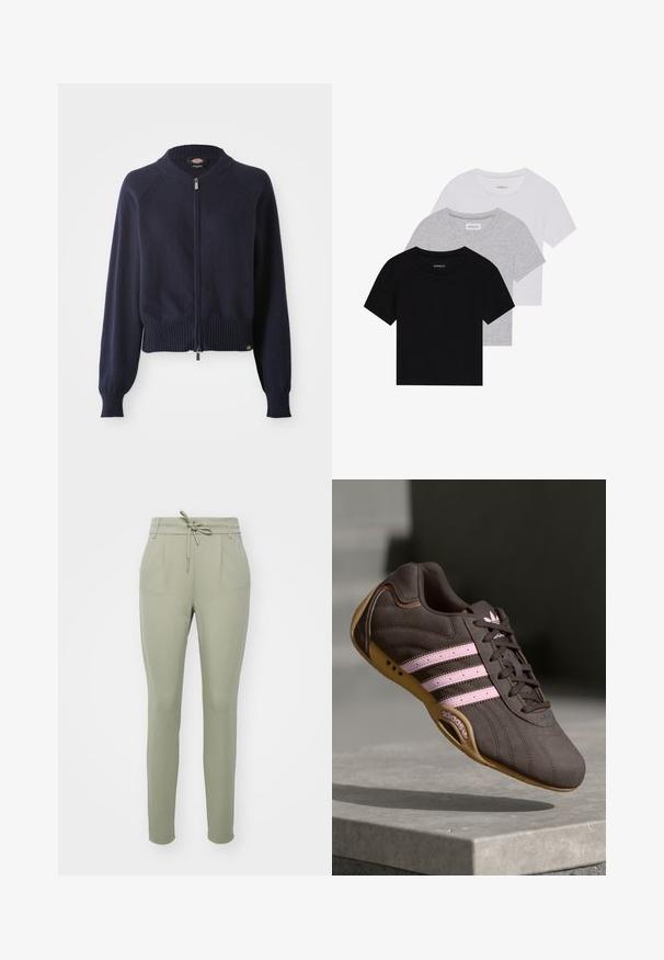 Marineblauer Reißverschluss-Pullover mit geripptem Saum und Bündchen. Besitzt einen Rundhalsausschnitt und Raglanärmel aus einem weichen Strickmaterial.; Set aus drei kurzärmeligen T-Shirts in Schwarz, Grau und Weiß. Hergestellt aus Baumwolle, mit Rundhalsausschnitt und einem einfachen, einfarbigen Design.; Hellgrüne tapered Hosen mit einem Kordelzugbund, Frontfalten und elastischen Bündchen, aus weichem, glattem Stoff gefertigt.; Braune Wildleder-Sportschuhe mit pinken Streifen und Logo, featuring eine strukturierte Oberseite, Schnürung und einer Sohle aus Gummi.