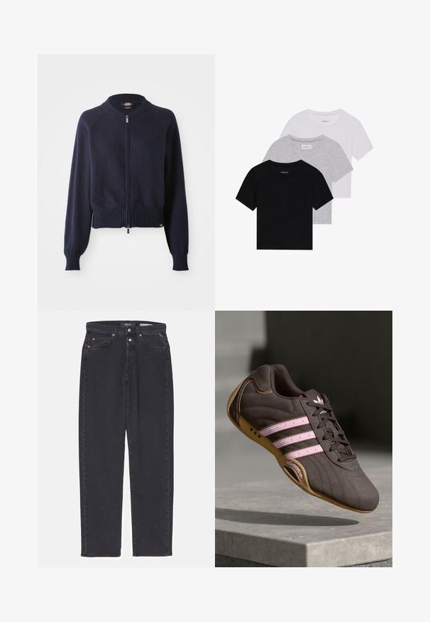 Navy krāsas zip-up džemperis ar ribotām apdari un aprocēm. Iezīmē apaļu kaklu un raglanu piedurknēm, kas izgatavotas no mīksta dzijas materiāla.; Trīs īsām piedurknēm T-krekli melnā, pelēkā un baltā krāsā. Izgatavoti no kokvilnas, ar apaļu kakla izgriezumu un vienkāršu, viendabīgu krāsas dizainu.; Melni džinsī ar taisnu piegriezumu, ar vara kniedēm, pogu aizdari un piecām kabatām. Tīrs dizains bez papildu rotājumiem.; Brūni zamšādas sporta apavi ar rozā svītrām un logo, ar teksturētu virsmu, šņorēšanas aizdari un gumijas zoli.