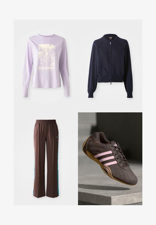 Sweater azul-marinho com fecho zipper, com bainha e punhos canelados. Apresenta um decote redondo e mangas raglan feitas de um material de malha suave.; Camisa de manga longa lavanda com uma estampa de floresta e o texto "COLUMBIA SPORTSWEAR" em branco. Feita de um tecido macio com um ajuste descontraído.; Calças atléticas castanhas com uma textura canelada, cintura elástica e riscas laterais turquesa. Apresentam o logo da adidas na frente.; Sapatilha atlética de camurça castanha com riscas e logótipo rosa, apresentando um upper texturizado, fecho de atacadores e uma sola de borracha de goma.