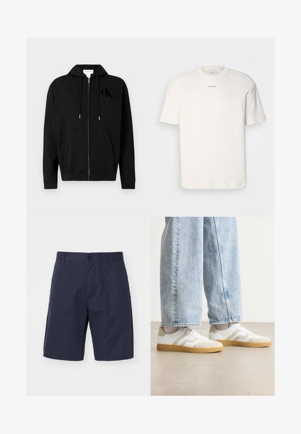Black zip-up hoodie with front pockets, drawstrings, and raised “cK” logo on the left chest, displayed on a white background.; White cotton T-shirt featuring a round neck, short sleeves, and embroidered "Calvin Klein" logo at the chest center. Plain design.; White cotton T-shirt featuring a round neck, short sleeves, and embroidered "Calvin Klein" logo at the chest center. Plain design.; Navy blue shorts made of lightweight fabric with a button closure, side pockets, straight cut, and visible stitching details.; White sneakers with beige suede accents and light rubber soles; features a low-top design and textured detailing on the upper.