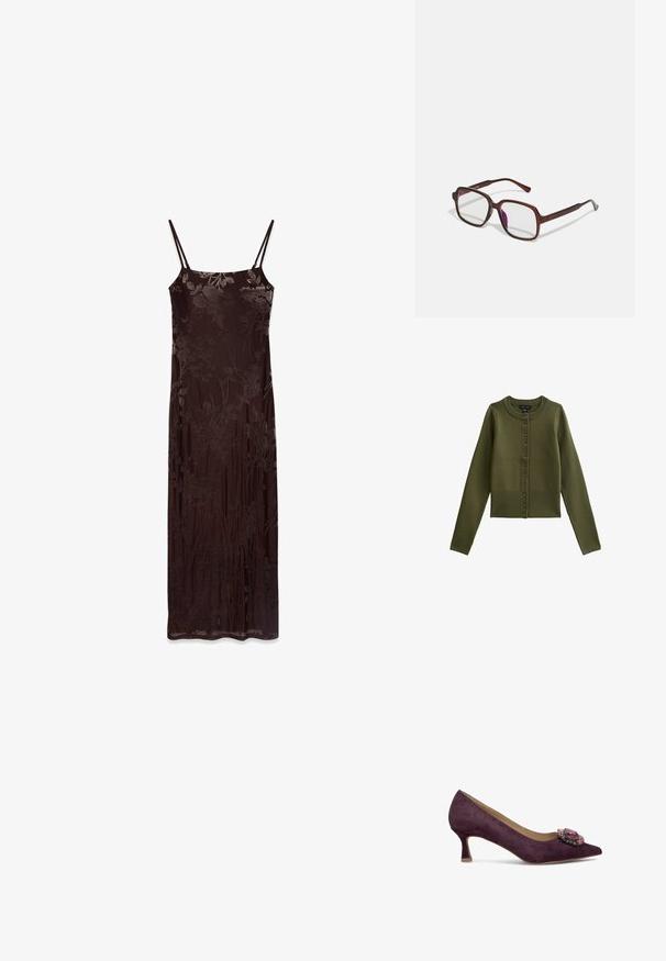 Cardigan verde oliva con maniche lunghe e scollatura rotonda, caratterizzato da una fila di bottoni sul davanti e orlo a coste.; Abito lungo senza maniche in tessuto marrone scuro con motivo floreale. Presenta spalline sottili e una silhouette aderente, texture liscia e design fluido.; Pump in suede viola con punta appuntita e una decorazione di gioielli sul pannello centrale. Presenta un tacco basso e svasato per maggiore stabilità.; Occhiali rettangolari marroni con lenti trasparenti e tonalità viola. Montatura in plastica liscia con stanghette dritte e accenti sottili.; Anello tono oro con una fascia liscia e arrotondata che presenta cinque accenti a stella, ognuno incastonato con gemme colorate in rosa, verde e blu.