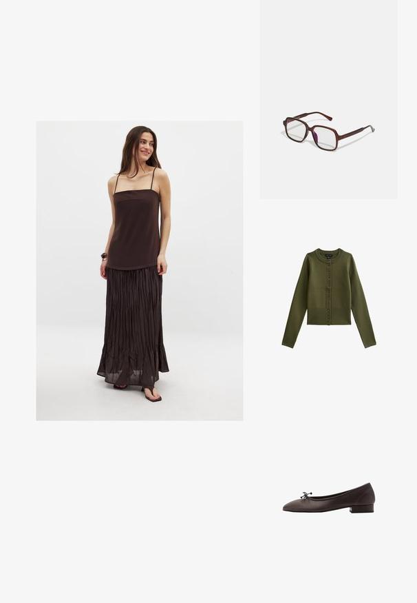Cárdigan verde oliva con mangas largas y escote redondo, que presenta una fila de botones en la parte delantera y un dobladillo acanalado.; Largo vestido marrón con tirantes finos, que presenta un cuerpo ajustado y una falda plisada. Hecho de una tela suave y ligera.; Bailarinas de cuero marrón con puntera redondeada y pequeño tacón bloque. Presentan un lazo delgado en la parte delantera y detalles de costura sutiles.; Gafas marrones y rectangulares con lentes transparentes y tintes morados. Montura de plástico suave con patillas rectas y detalles sutiles.; Anillo dorado con una banda lisa y redondeada que presenta cinco acentos de estrellas, cada uno engastado con piedras preciosas de colores en rosa, verde y azul.