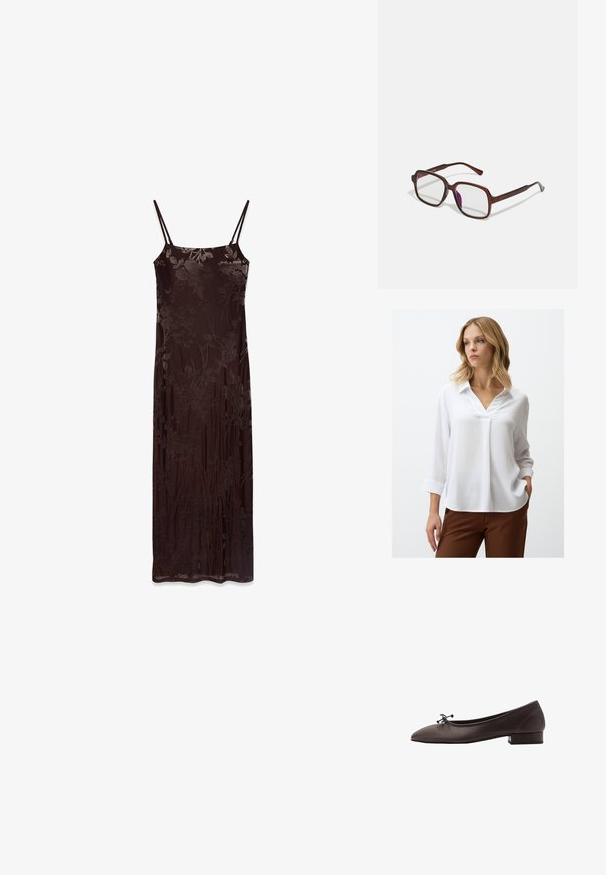 Cardigan verde oliva con maniche lunghe e scollatura rotonda, caratterizzato da una fila di bottoni sul davanti e orlo a coste.; Blusa bianca a maniche lunghe con scollatura a V e tessuto strutturato. Presenta un colletto e maniche con polsini. Abbinata a pantaloni marroni.; Abito lungo senza maniche in tessuto marrone scuro con motivo floreale. Presenta spalline sottili e una silhouette aderente, texture liscia e design fluido.; Ballerina in pelle marrone con punta arrotondata e tacco a blocco piccolo. Presenta un sottile fiocco sul davanti e dettagli di cucitura discreti.; Occhiali rettangolari marroni con lenti trasparenti e tonalità viola. Montatura in plastica liscia con stanghette dritte e accenti sottili.; Anello tono oro con una fascia liscia e arrotondata che presenta cinque accenti a stella, ognuno incastonato con gemme colorate in rosa, verde e blu.