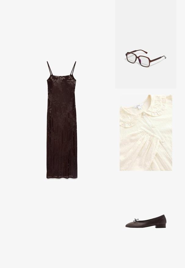 Cardigan vert olive à manches longues et décolleté rond, avec une rangée de boutons sur le devant et un ourlet côtelé.; Blouse crème avec un col rufflé décoratif brodé, fermeture à boutons, et un tissu texturé présentant des points en relief et des plis.; Robe longue sans manches en tissu marron foncé avec un motif floral. Dotée de fines bretelles et d'une silhouette ajustée, texture lisse et design fluide.; Ballerines en cuir brun avec un bout rond et un petit talon carré. Présentent un fin nœud à l'avant et des détails de couture subtils.; Lunettes rectangulaires marron avec des verres transparents et des nuances violacées. Monture en plastique lisse avec des branches droites et des accents subtils.