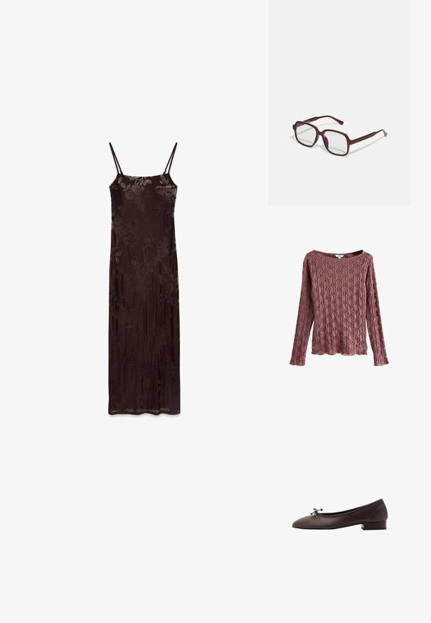 Olijfgroene cardigan met lange mouwen en een ronde halslijn, voorzien van een rij knopen aan de voorkant en een ribgebreide zoom.; Kant lange mouwen top in een stoffige rozenkleur, met een brede halslijn, een textuur met bloemmotieven en een losse pasvorm met een scalloped rand.; Lang, mouwloos jurkje van donkerbruin stof met bloemmotief. Heeft dunne bandjes en een getailleerde pasvorm, gladde textuur en een vloeiende uitstraling.; Bruine leren balletschoen met een ronde neus en een kleine blokhak. Kenmerkt zich door een dunne strik aan de voorkant en subtiele stikdetails.; Bruine, rechthoekige bril met transparante glazen en paarse tinten. Glad kunststof montuur met rechte pootjes en subtiele accenten.